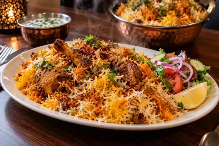 Chicken biryani on a platter with saffron and spice-toned rice, salad and raita