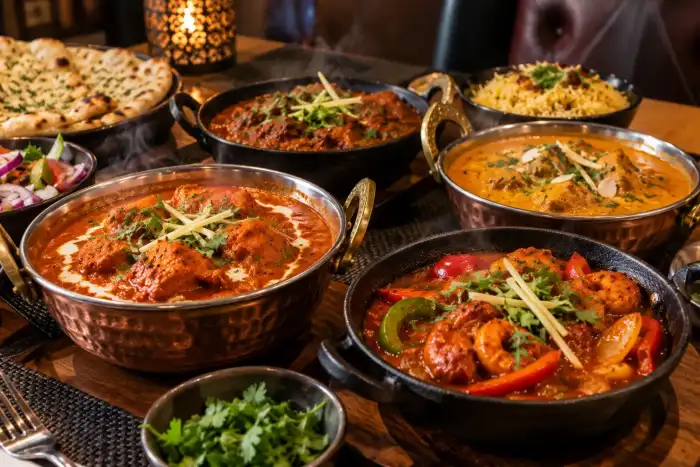 A spread of four different Indian curries in copper and iron bowls, served with naan bread, pilau rice and salad