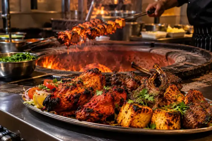 Tandoori chicken, lamb chops and paneer on a platter in front of the clay oven