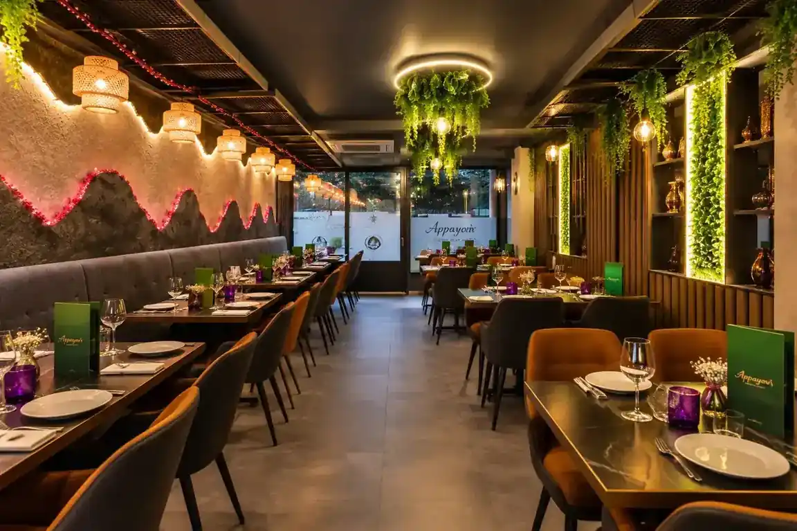 The main dining room laid up for evening service