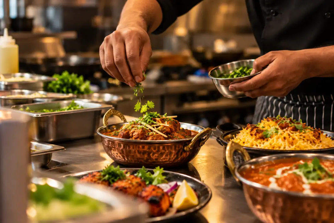 A chef sprinkling fresh coriander over curries and tikka on the kitchen pass